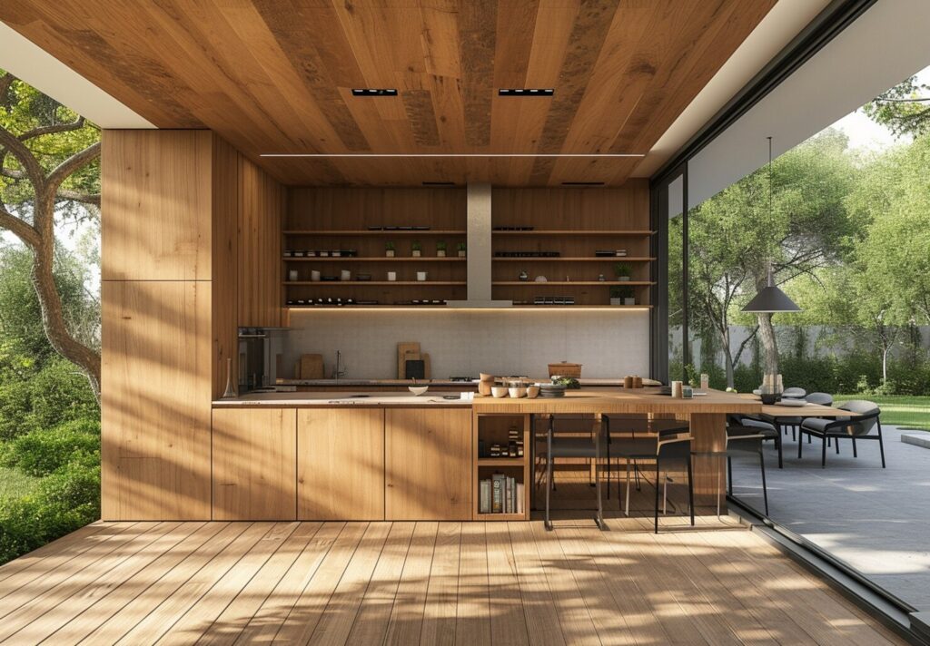 Modern kitchen featuring wooden cabinetry, an island with seating, and large windows open to a lush outdoor space, blending nature indoors.