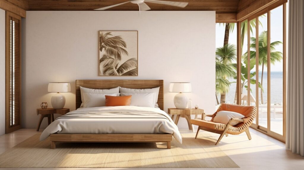 Bright, modern bedroom with a wooden bed, tropical artwork, and views of palm trees and ocean through large windows. Cozy and inviting.