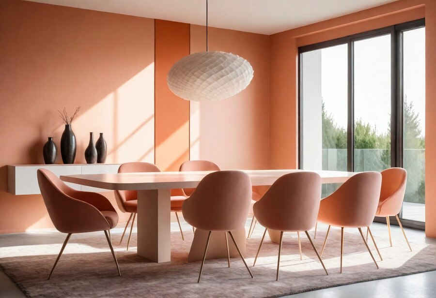 Modern dining room with peach walls, a large white table, six pink chairs, and a pendant light, featuring large windows with greenery outside.