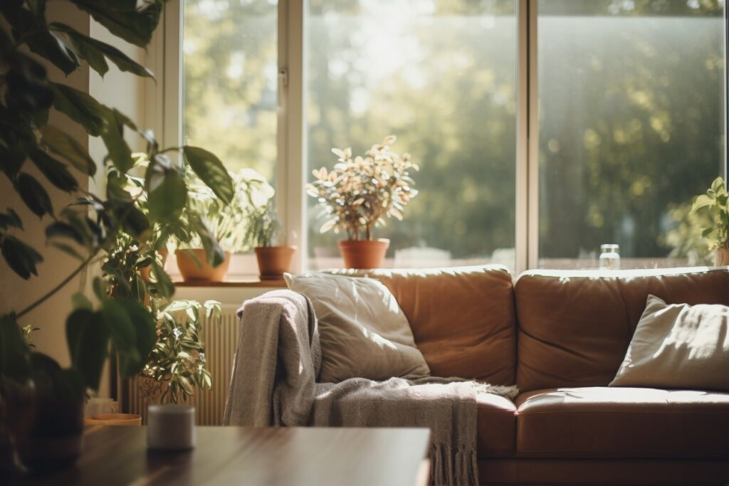 A cozy living room with a sunlit window, leather couch, soft throw blanket, and lush potted plants, creating a warm atmosphere.
