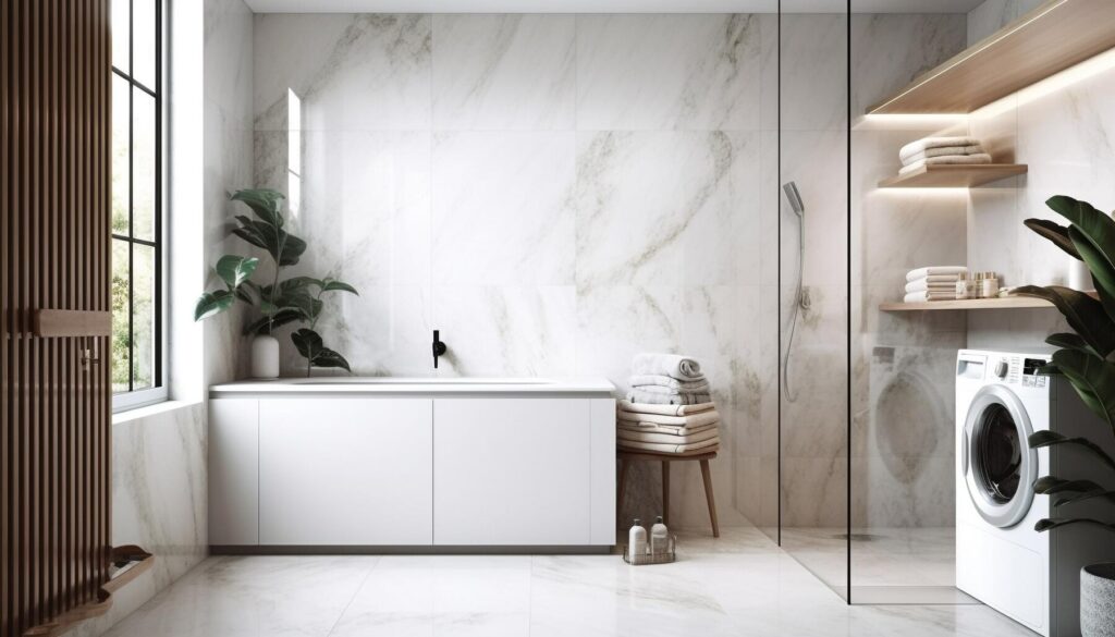 Modern bathroom featuring a freestanding tub, shower, white cabinetry, laundry, and abundant natural light with greenery accents.