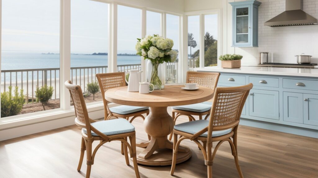 Bright dining area with a wooden round table, four chairs, and a stunning ocean view through large windows. Fresh flowers add elegance.