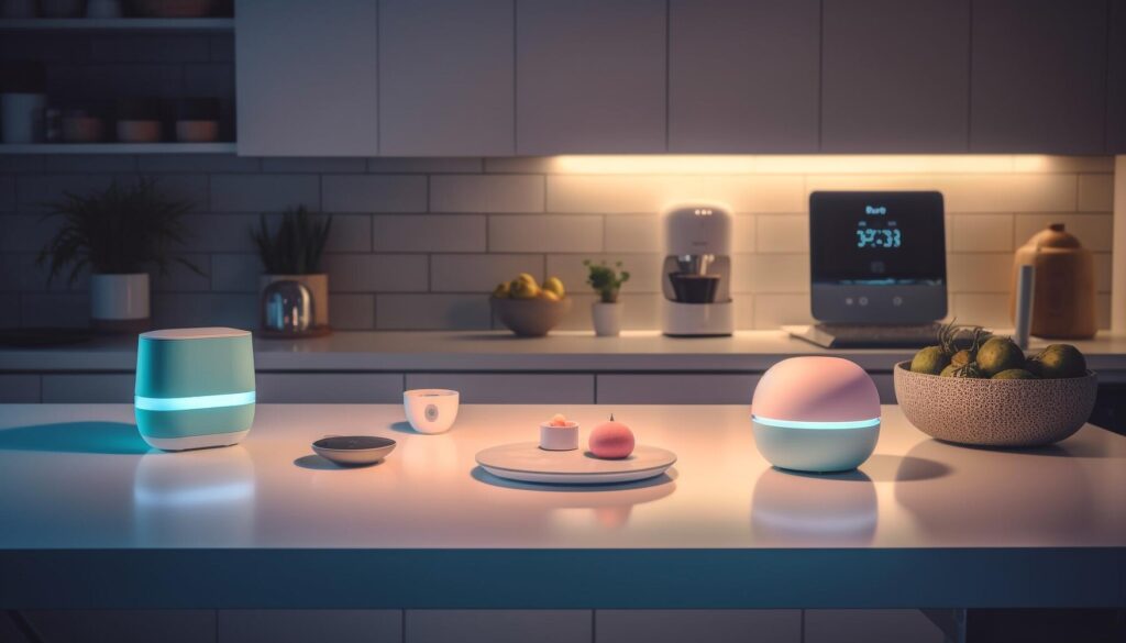 A modern kitchen scene featuring smart devices and decorative items on a white table, illuminated with soft ambient lighting.