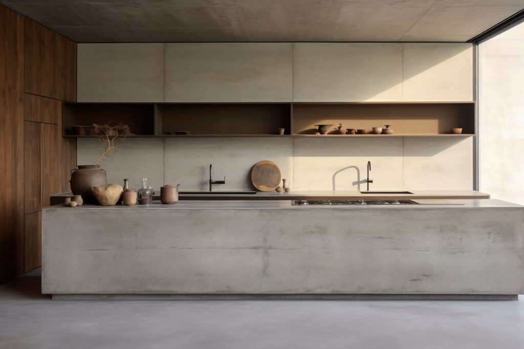 Modern kitchen with a concrete island, wooden accents, and minimalist decor featuring pottery and a sleek black faucet. Natural light filters in.