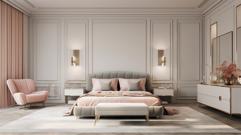 Elegant bedroom featuring a plush gray bed with pink bedding, a stylish armchair, and soft lighting in a refined, pastel palette.