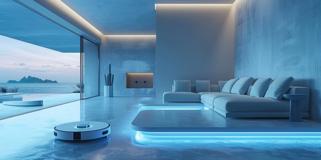 Minimalist living room with a large window view of the sea, featuring modern furniture and ambient blue lighting. A robotic vacuum cleaner is visible.