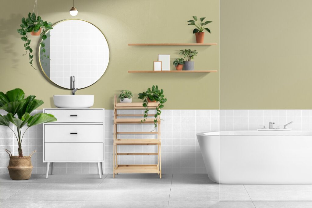 Modern bathroom with a round mirror, white sink on a wooden vanity, greenery, and a sleek freestanding tub against earthy tones.