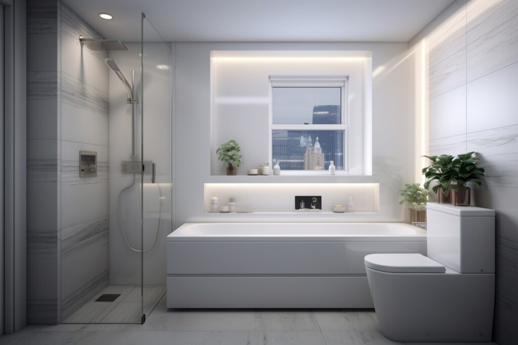 A modern bathroom featuring a glass shower, sleek bathtub, minimalist decor, and a window with a city view.