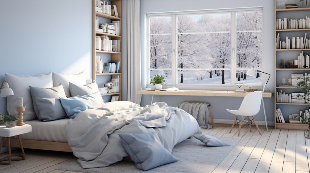Cozy bedroom with a messy bed, light blue walls, a stylish bookshelf, and a wintery view of snow-covered trees through a window.