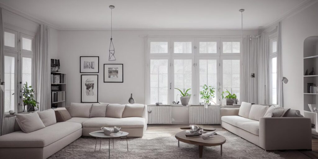 Elegant, modern living room with light gray sofas, a round coffee table, large windows, and plants, creating a bright, inviting atmosphere.