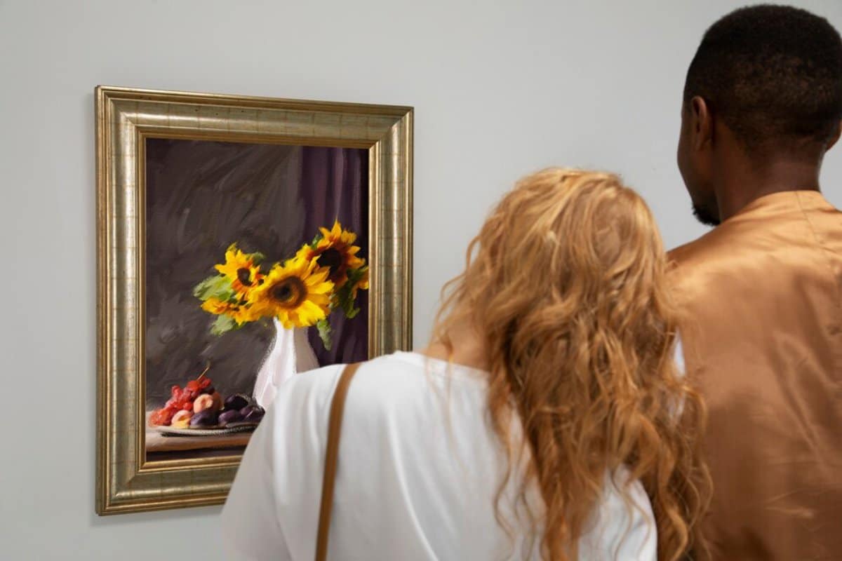 A couple admires a framed painting of sunflowers and fruit, showcasing their appreciation for art in a gallery setting.
